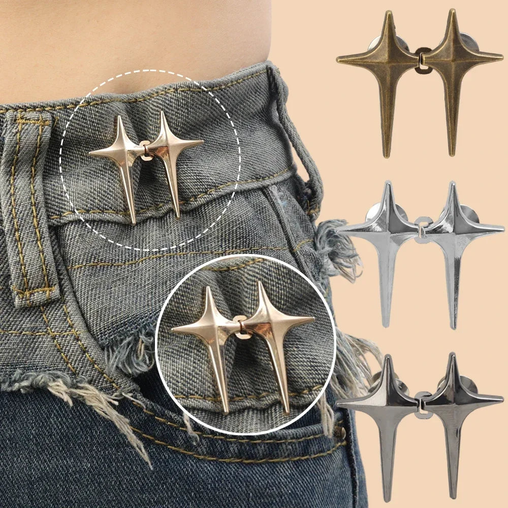Adjustable Waist Cross Star Shape Jean Buttons- Metal Buttons Waist Tightener Clothing Pins Detachable