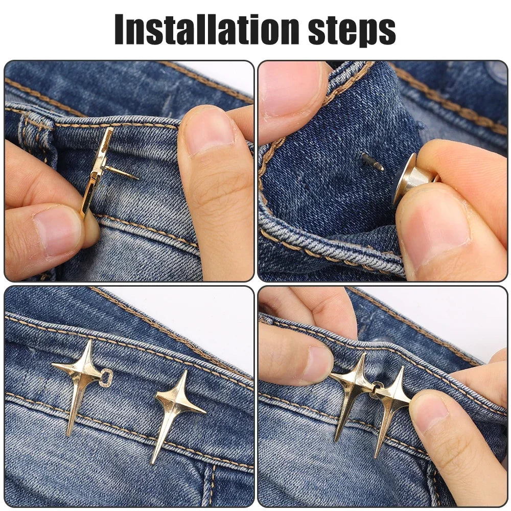 Adjustable Waist Cross Star Shape Jean Buttons- Metal Buttons Waist Tightener Clothing Pins Detachable